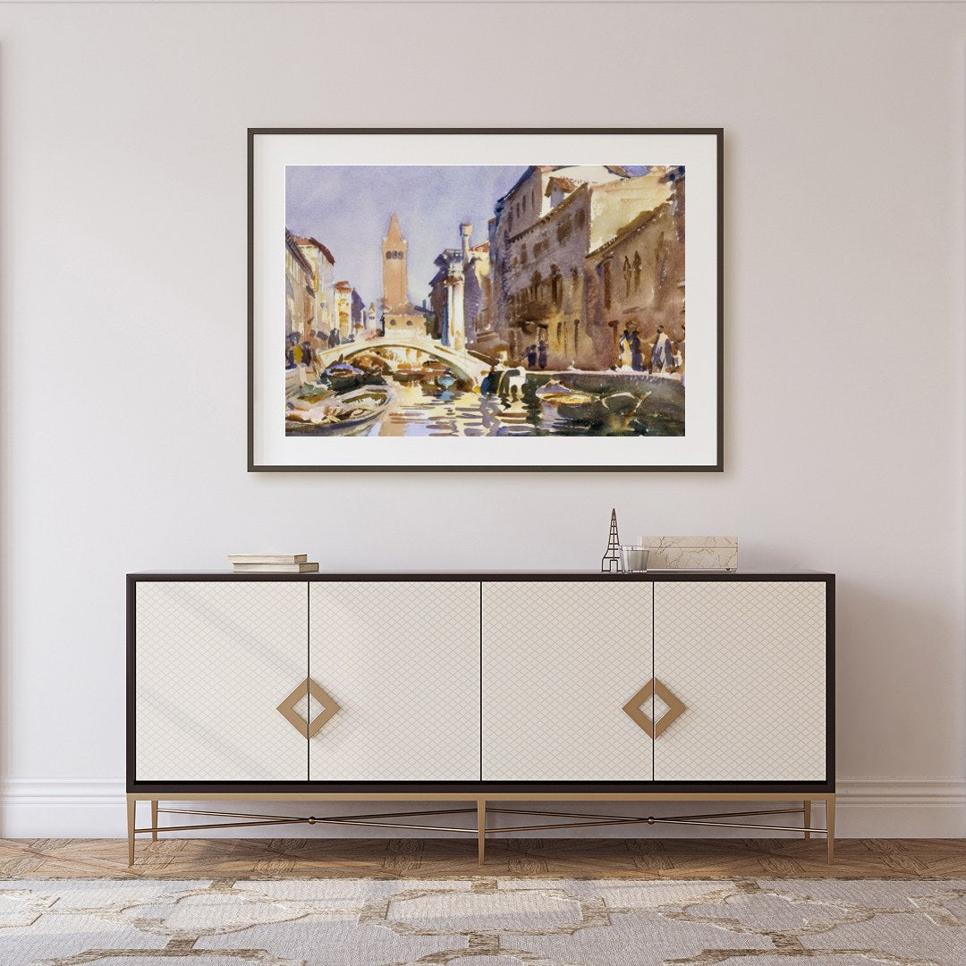 This exquisite watercolor captures the serene beauty of a Venetian canal bathed in warm sunlight. for Foyer