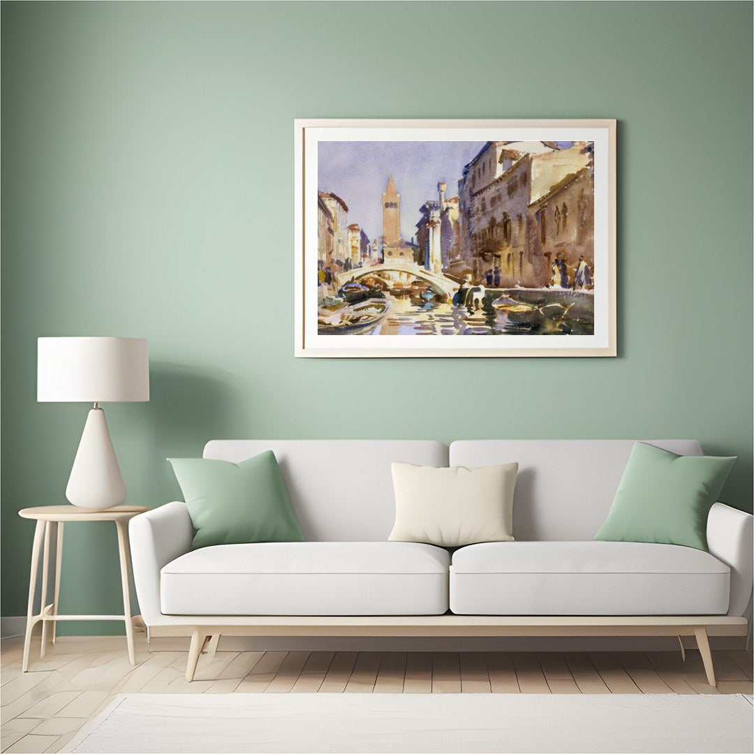 This exquisite watercolor captures the serene beauty of a Venetian canal bathed in warm sunlight. for Hall