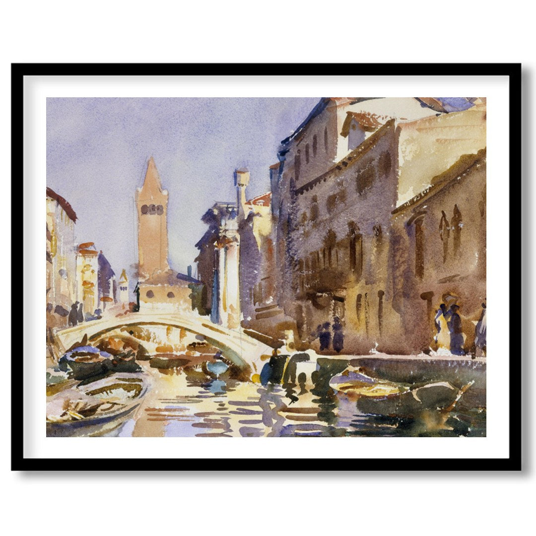 This exquisite watercolor captures the serene beauty of a Venetian canal bathed in warm sunlight. for kitchen