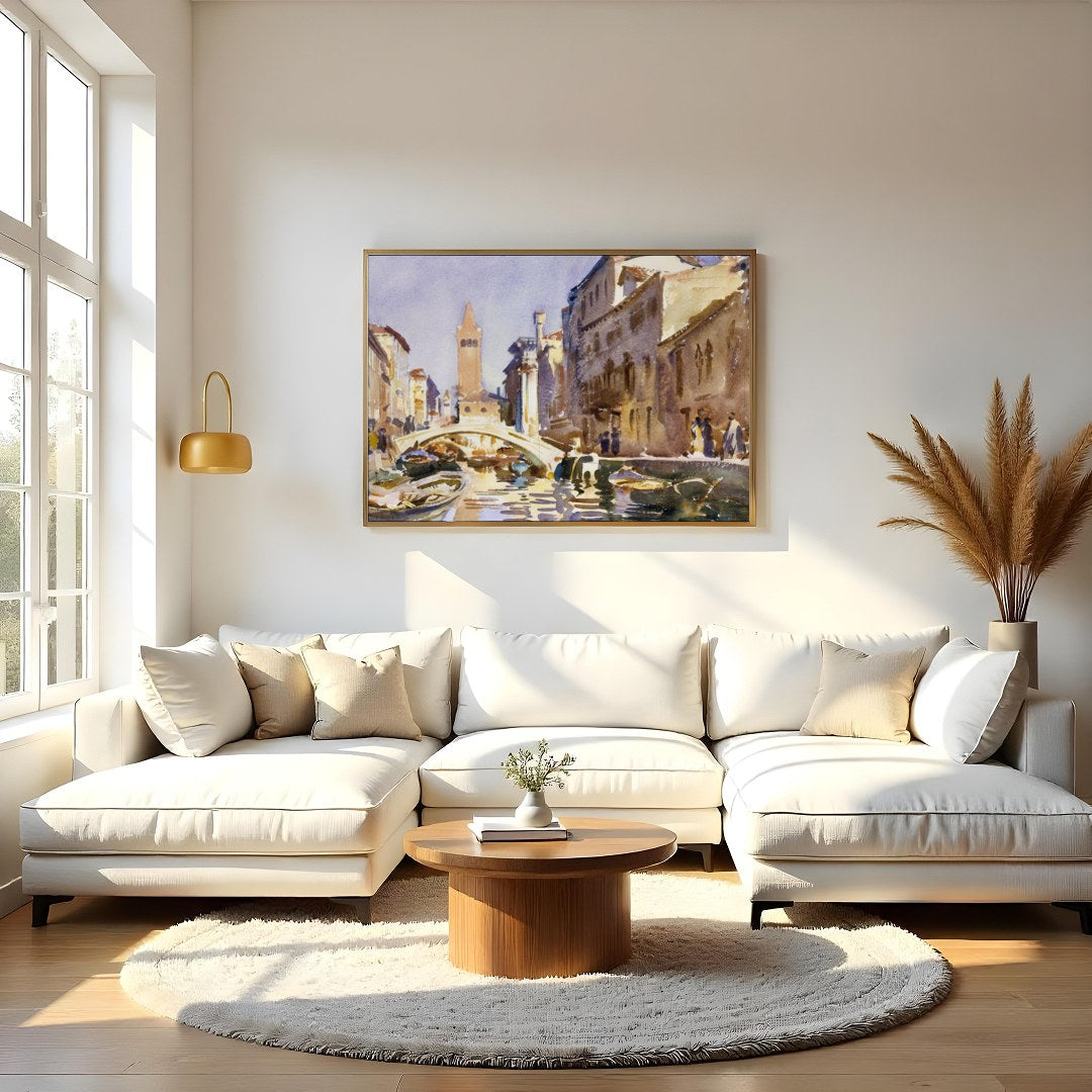 This exquisite watercolor captures the serene beauty of a Venetian canal bathed in warm sunlight. for Living Room