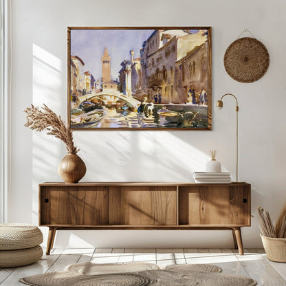 This exquisite watercolor captures the serene beauty of a Venetian canal bathed in warm sunlight. for Sitting Area