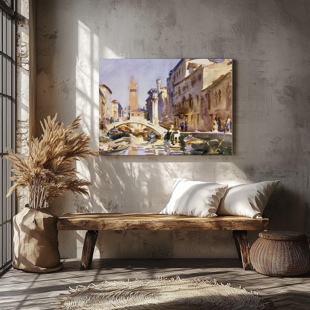 This exquisite watercolor captures the serene beauty of a Venetian canal bathed in warm sunlight. for Veranda
