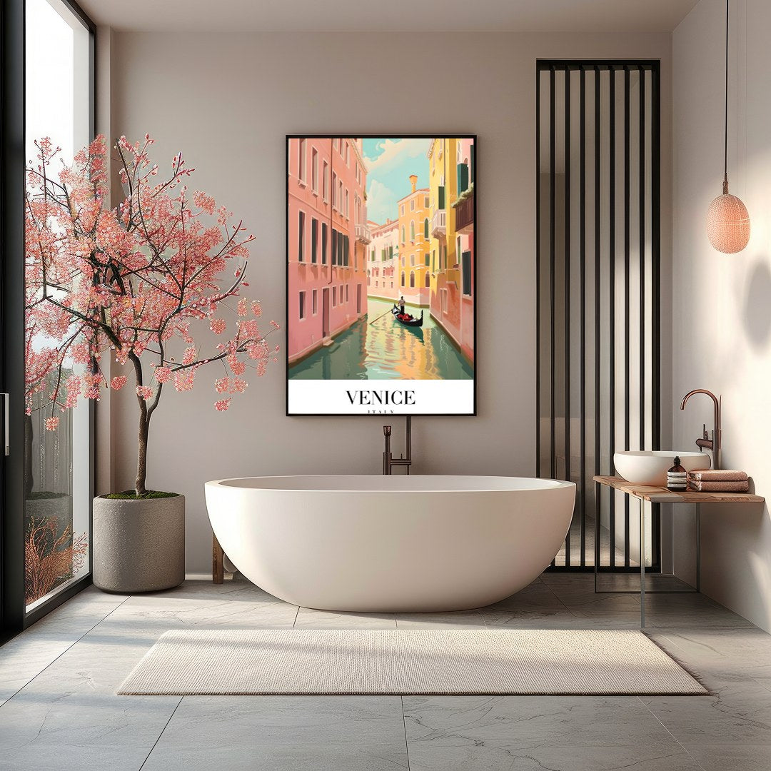 Capture the timeless beauty of Venice with this exquisite artwork showcasing a gondola navigating for Bathroom