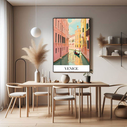 Capture the timeless beauty of Venice with this exquisite artwork showcasing a gondola navigating for Dining