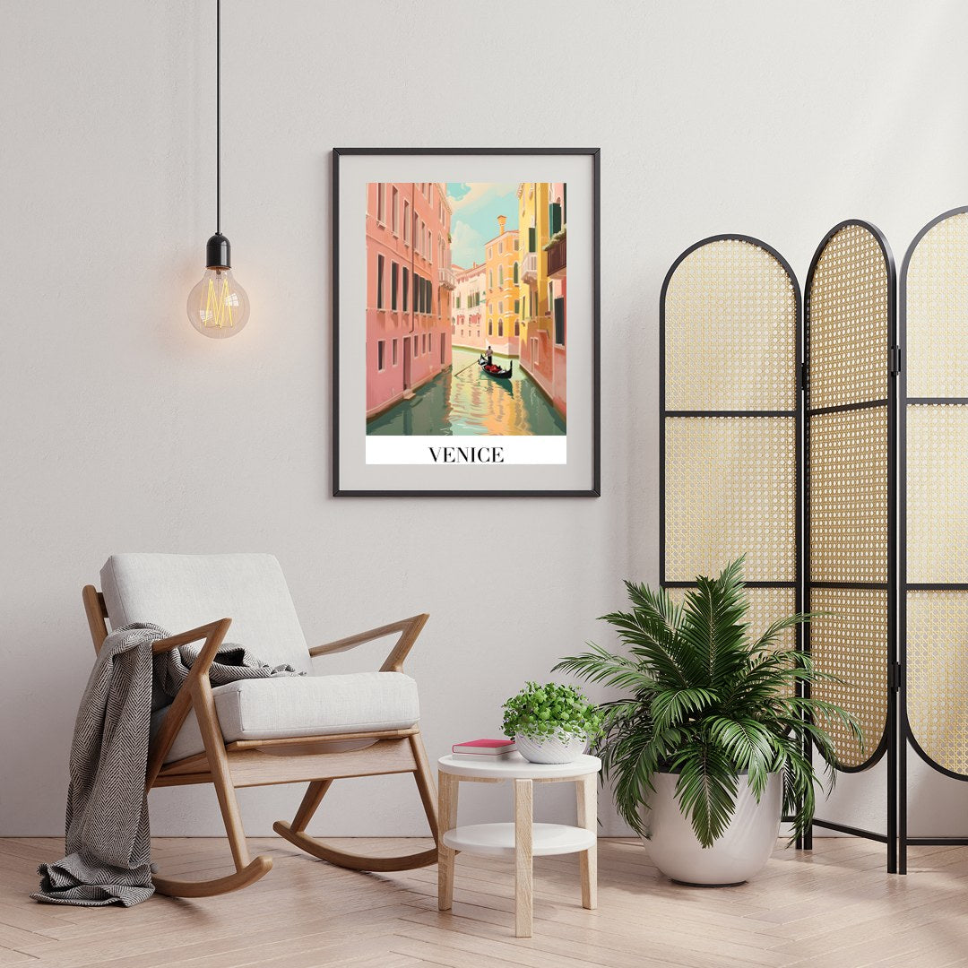 Capture the timeless beauty of Venice with this exquisite artwork showcasing a gondola navigating for Foyer