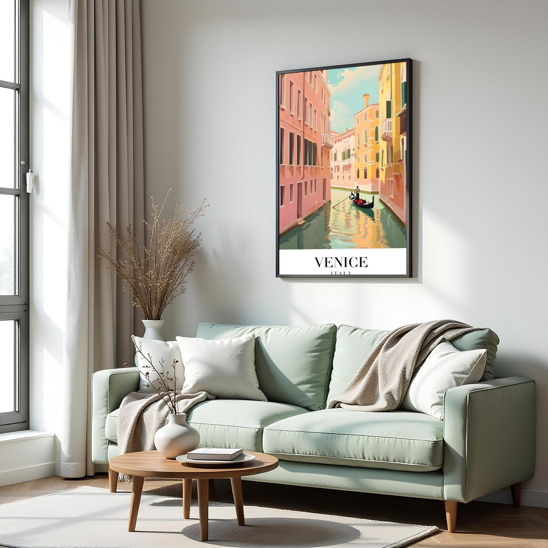 Capture the timeless beauty of Venice with this exquisite artwork showcasing a gondola navigating for Hall