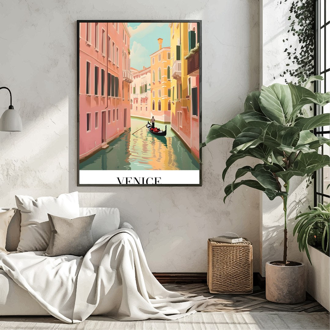 Capture the timeless beauty of Venice with this exquisite artwork showcasing a gondola navigating for Living Room