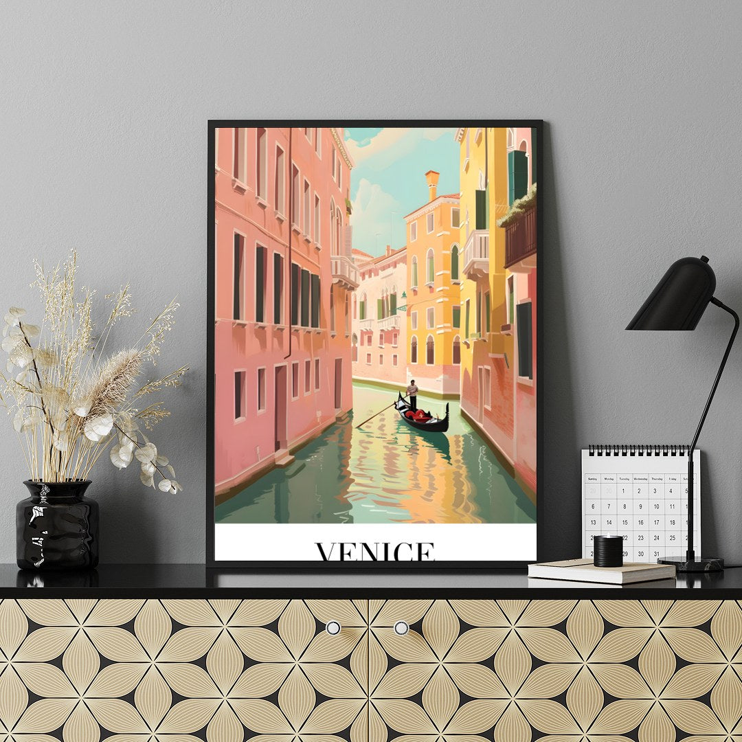 Capture the timeless beauty of Venice with this exquisite artwork showcasing a gondola navigating for Shelf