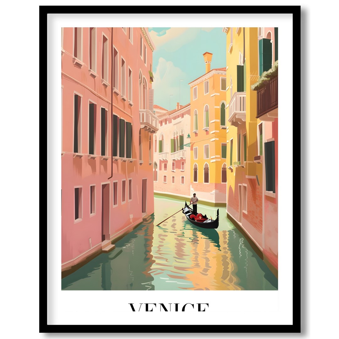 Capture the timeless beauty of Venice with this exquisite artwork showcasing a gondola navigating for space