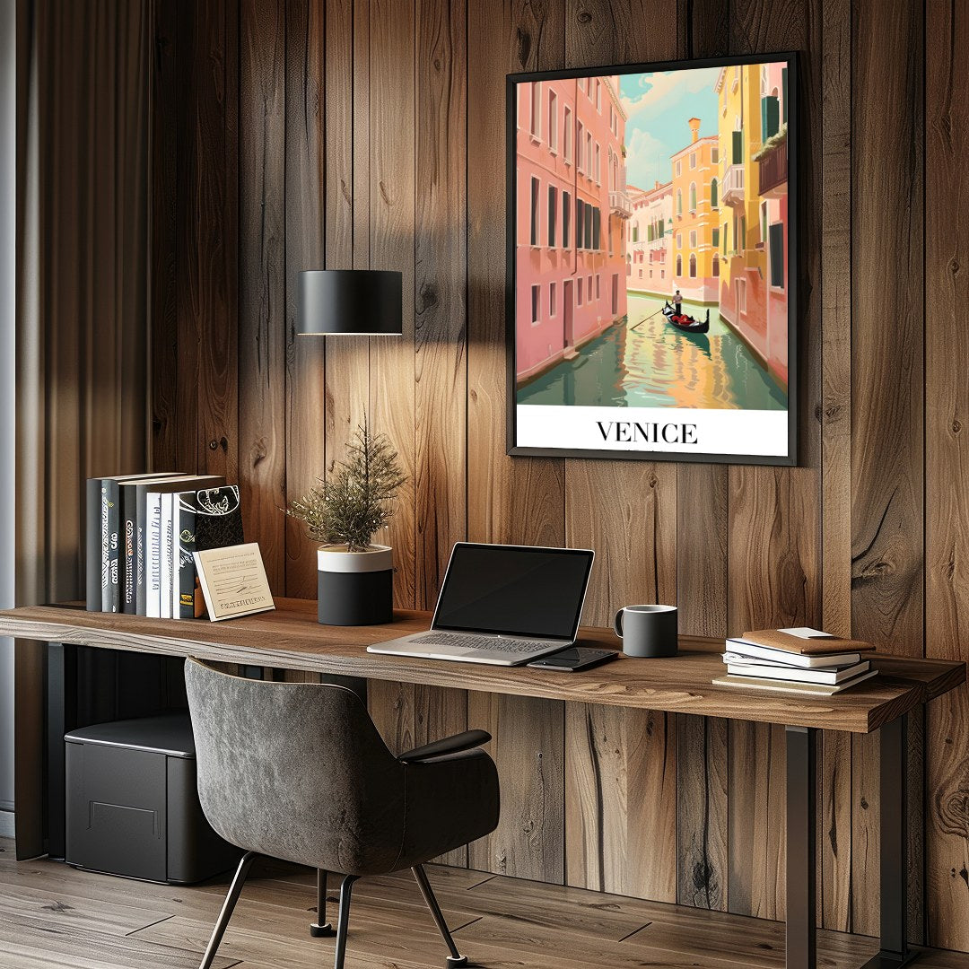 Capture the timeless beauty of Venice with this exquisite artwork showcasing a gondola navigating for Study and Office