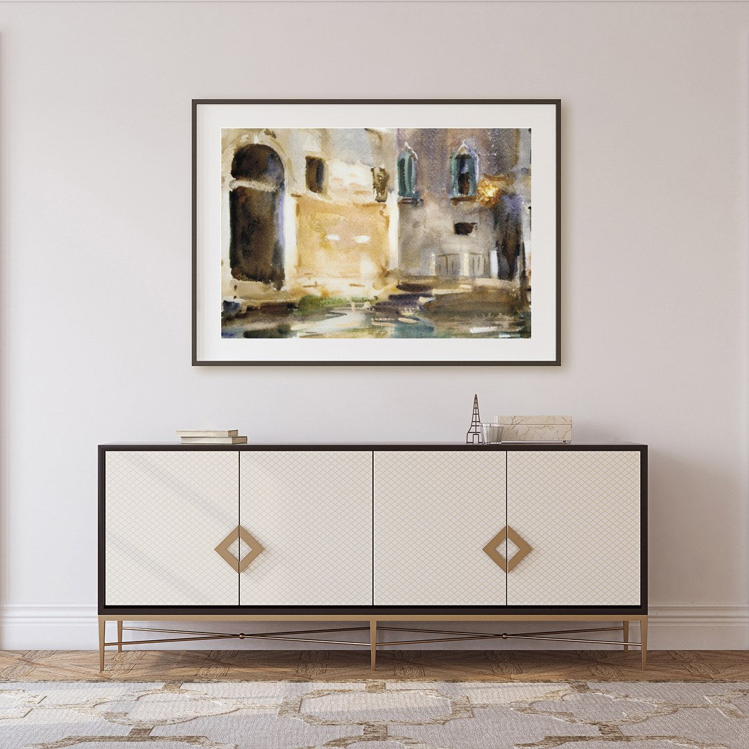 Immerse yourself in the tranquil charm of Venice with this exquisite watercolor artwork. Capturing for Foyer