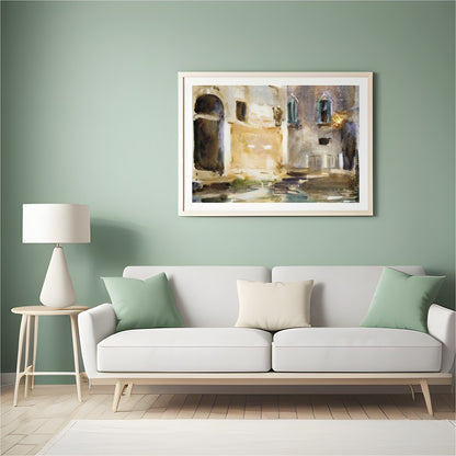 Immerse yourself in the tranquil charm of Venice with this exquisite watercolor artwork. Capturing for Hall