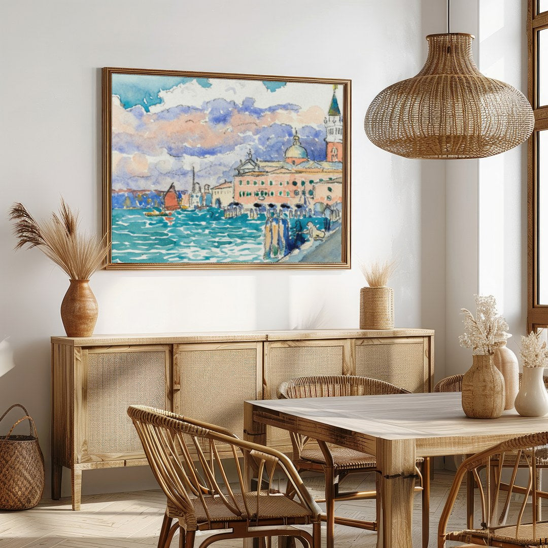Capture the essence of Venice with this watercolor masterpiece, depicting a tranquil waterfront for Dining