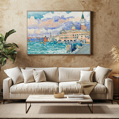 Capture the essence of Venice with this watercolor masterpiece, depicting a tranquil waterfront for Family Room