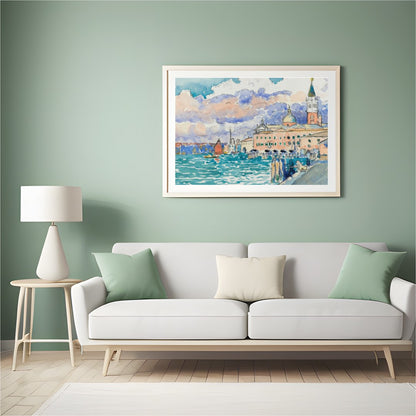 Capture the essence of Venice with this watercolor masterpiece, depicting a tranquil waterfront for Hall