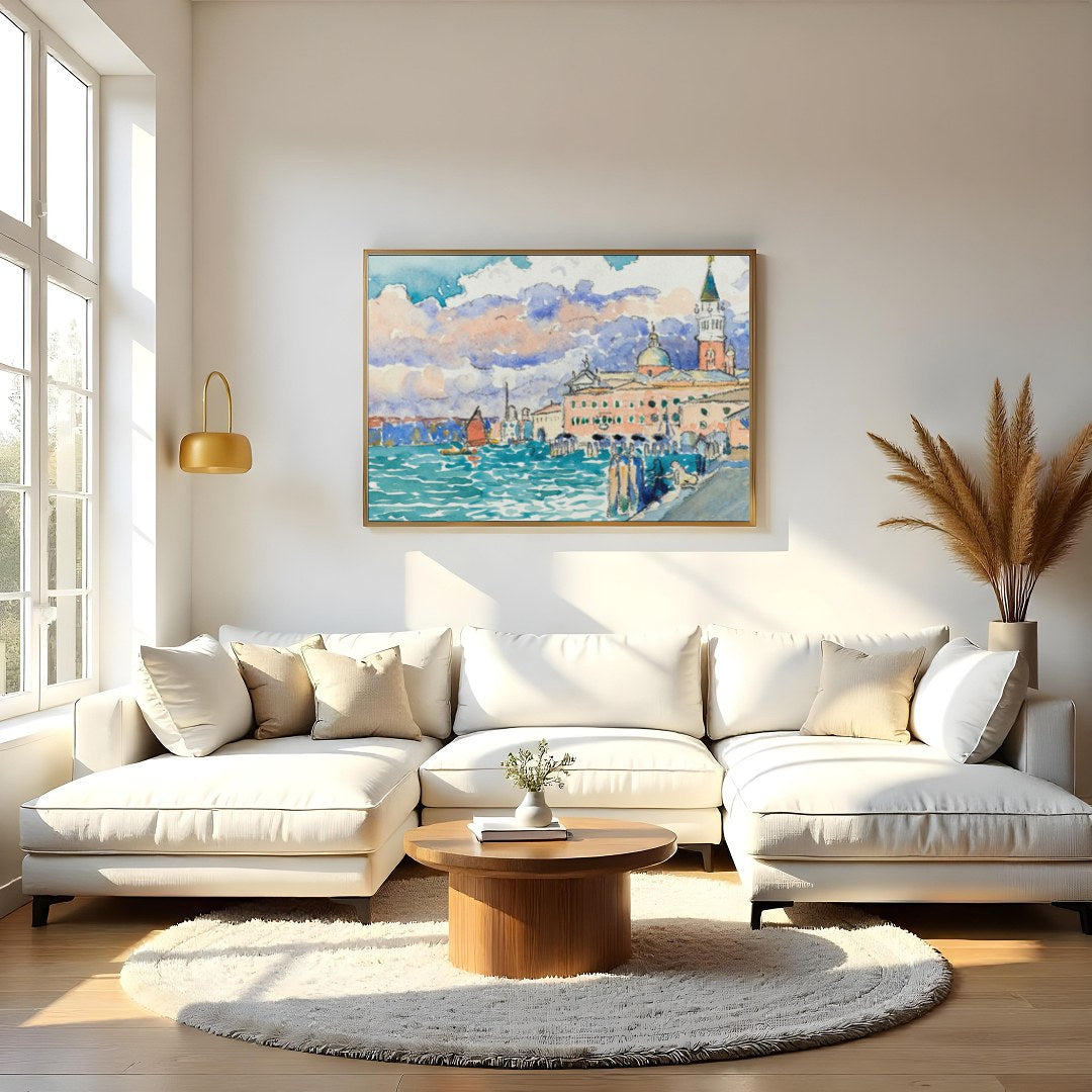 Capture the essence of Venice with this watercolor masterpiece, depicting a tranquil waterfront for Living Room