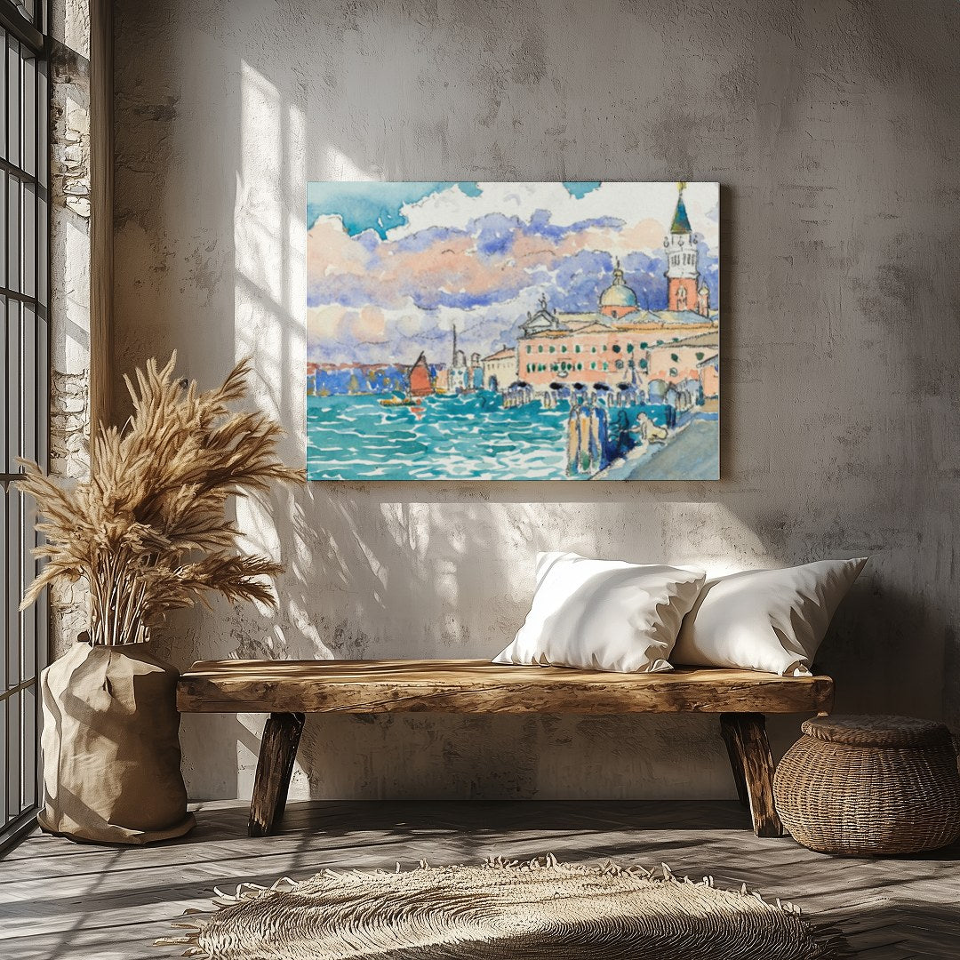 Capture the essence of Venice with this watercolor masterpiece, depicting a tranquil waterfront for Veranda