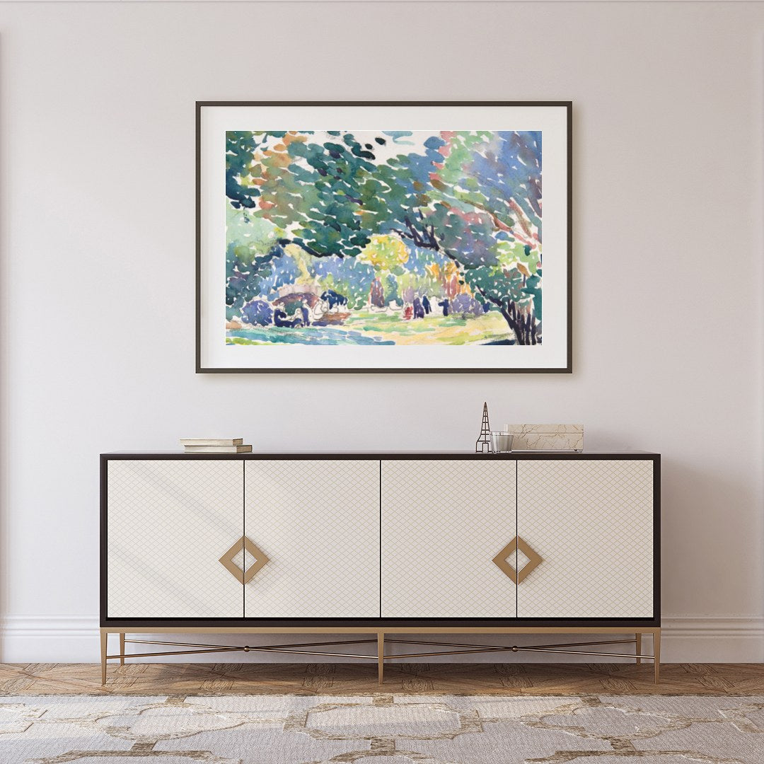 Immerse yourself in the serene beauty of nature with this vibrant watercolor landscape. The fluid for Foyer