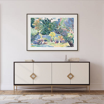 Immerse yourself in the serene beauty of nature with this vibrant watercolor landscape. The fluid for Foyer