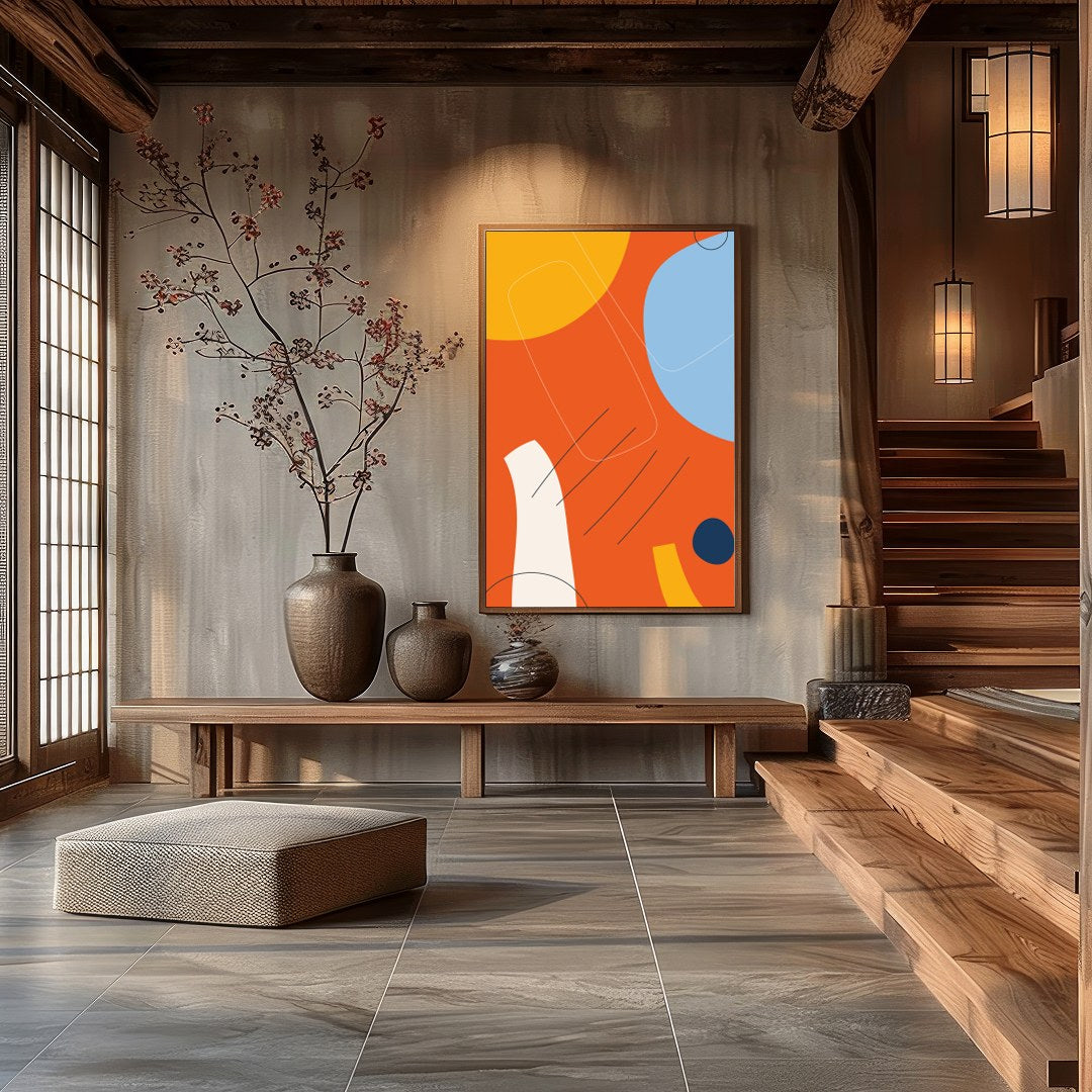 This striking abstract piece combines bold geometric shapes with vibrant colors, creating a dynamic for Hall