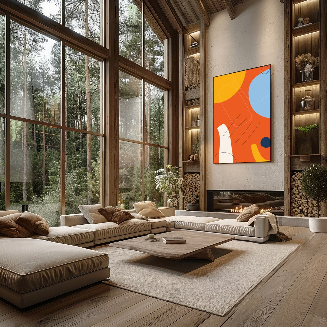 This striking abstract piece combines bold geometric shapes with vibrant colors, creating a dynamic for Living Room
