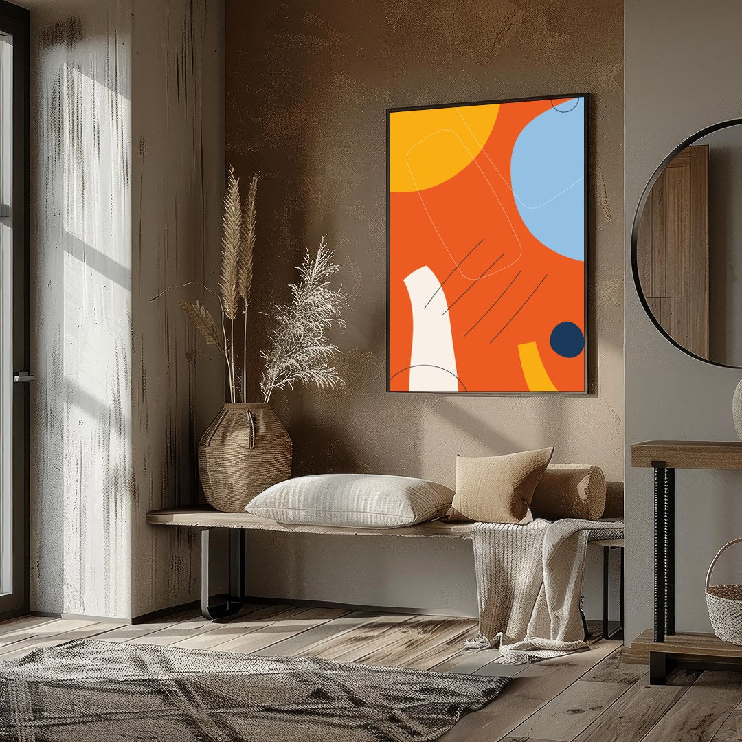 This striking abstract piece combines bold geometric shapes with vibrant colors, creating a dynamic for nook