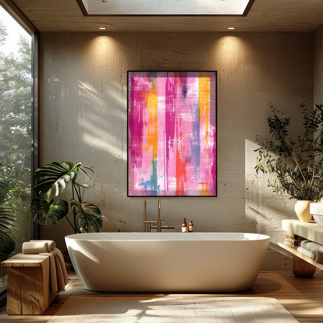 Energize your space with 'Vibrant Abstract Harmony,' a captivating piece that blends splashes of for Bathroom