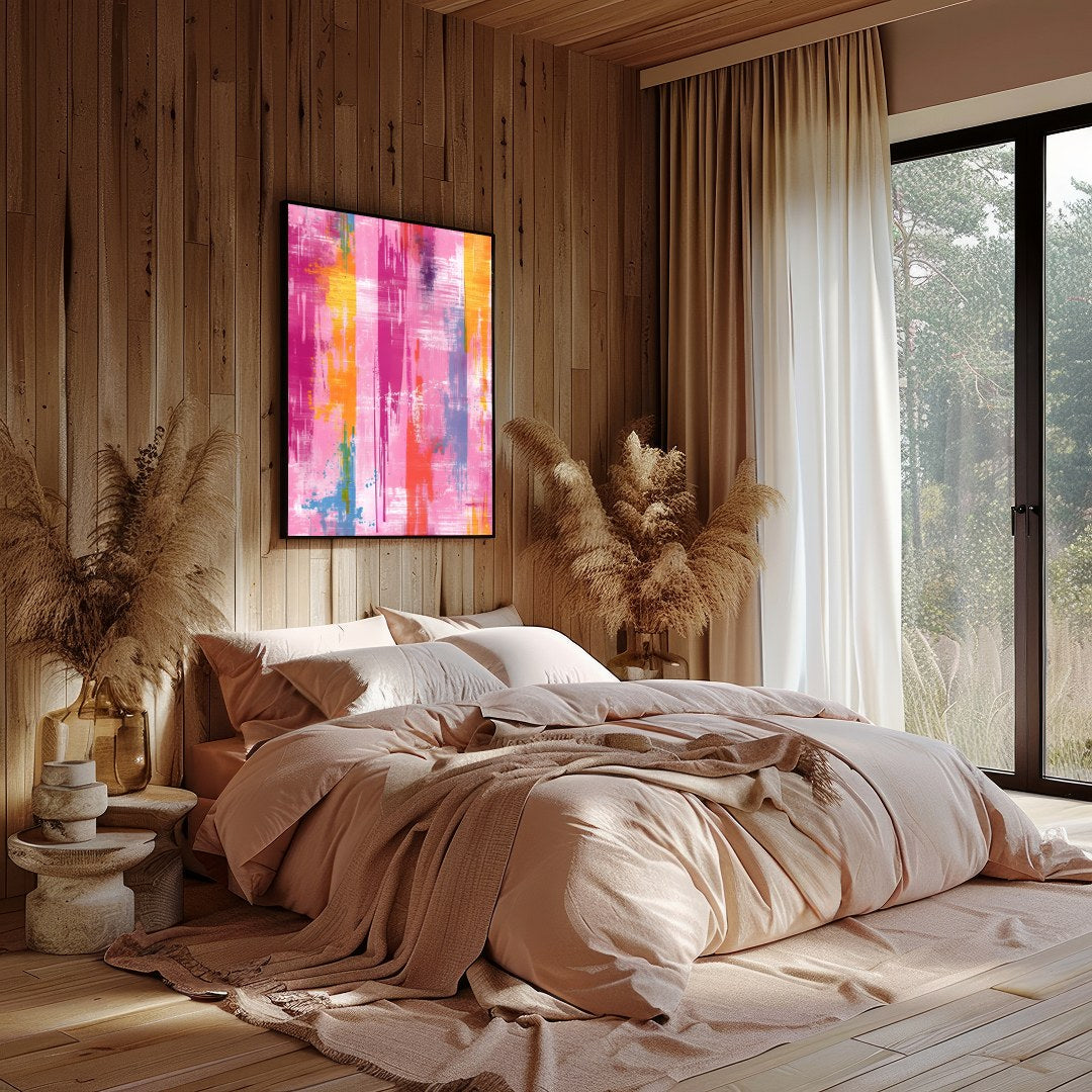 Energize your space with 'Vibrant Abstract Harmony,' a captivating piece that blends splashes of for Bedroom
