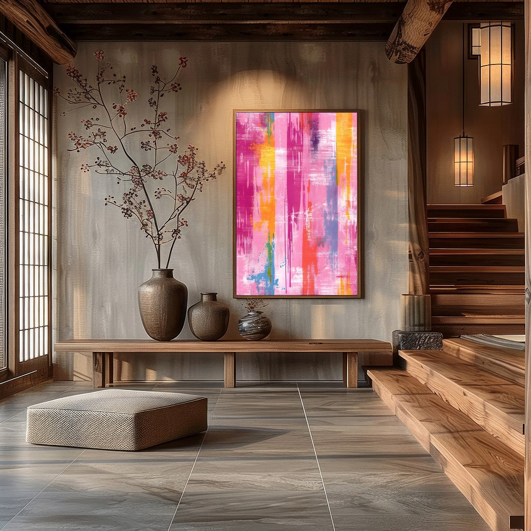 Energize your space with 'Vibrant Abstract Harmony,' a captivating piece that blends splashes of for Hall