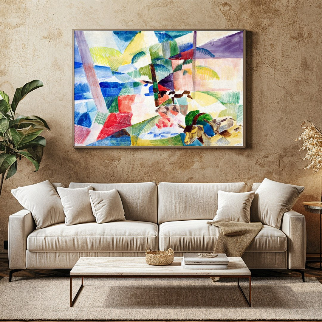 Immerse yourself in a world of color with this stunning abstract landscape. Featuring geometric for Family Room