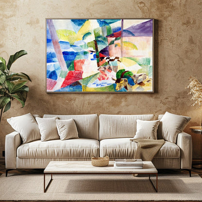 Immerse yourself in a world of color with this stunning abstract landscape. Featuring geometric for Family Room