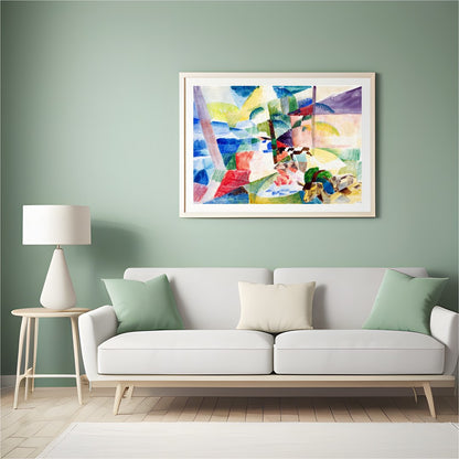 Immerse yourself in a world of color with this stunning abstract landscape. Featuring geometric for Hall