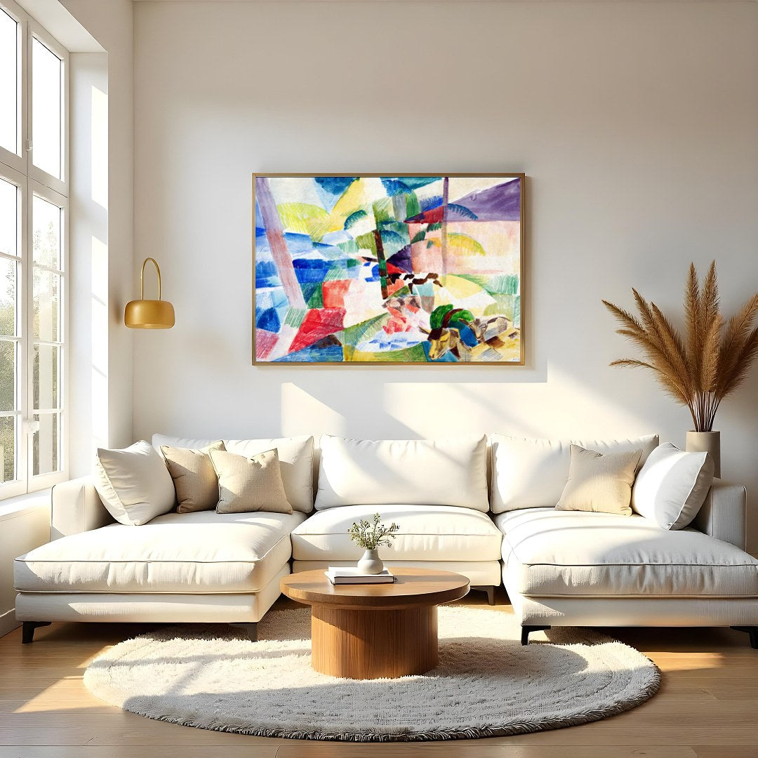 Immerse yourself in a world of color with this stunning abstract landscape. Featuring geometric for Living Room