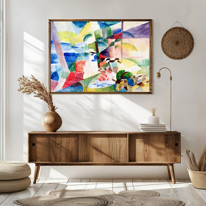 Immerse yourself in a world of color with this stunning abstract landscape. Featuring geometric for Sitting Area