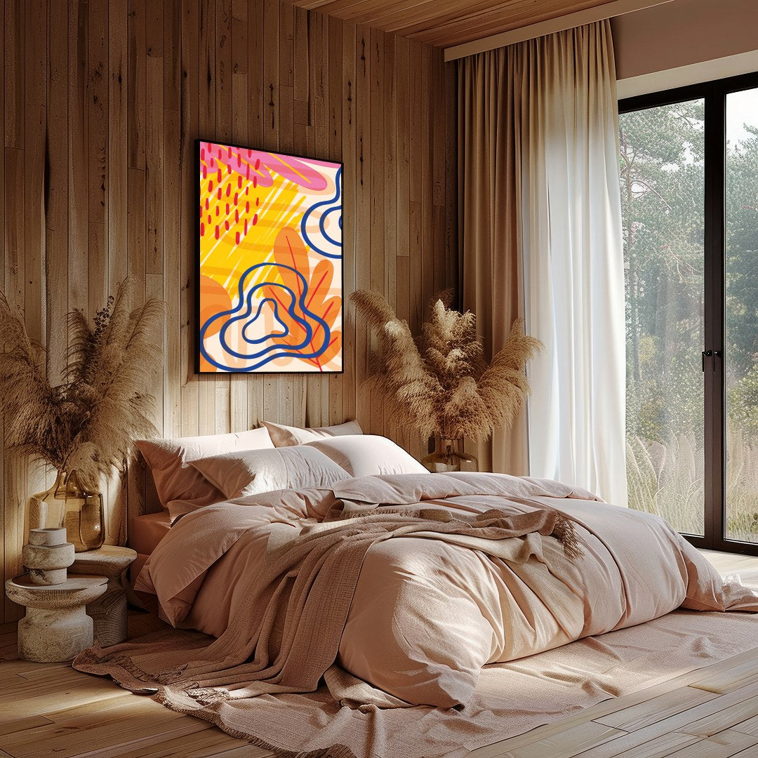 Immerse yourself in an energetic dance of bold colors and captivating shapes with this abstract for Bedroom
