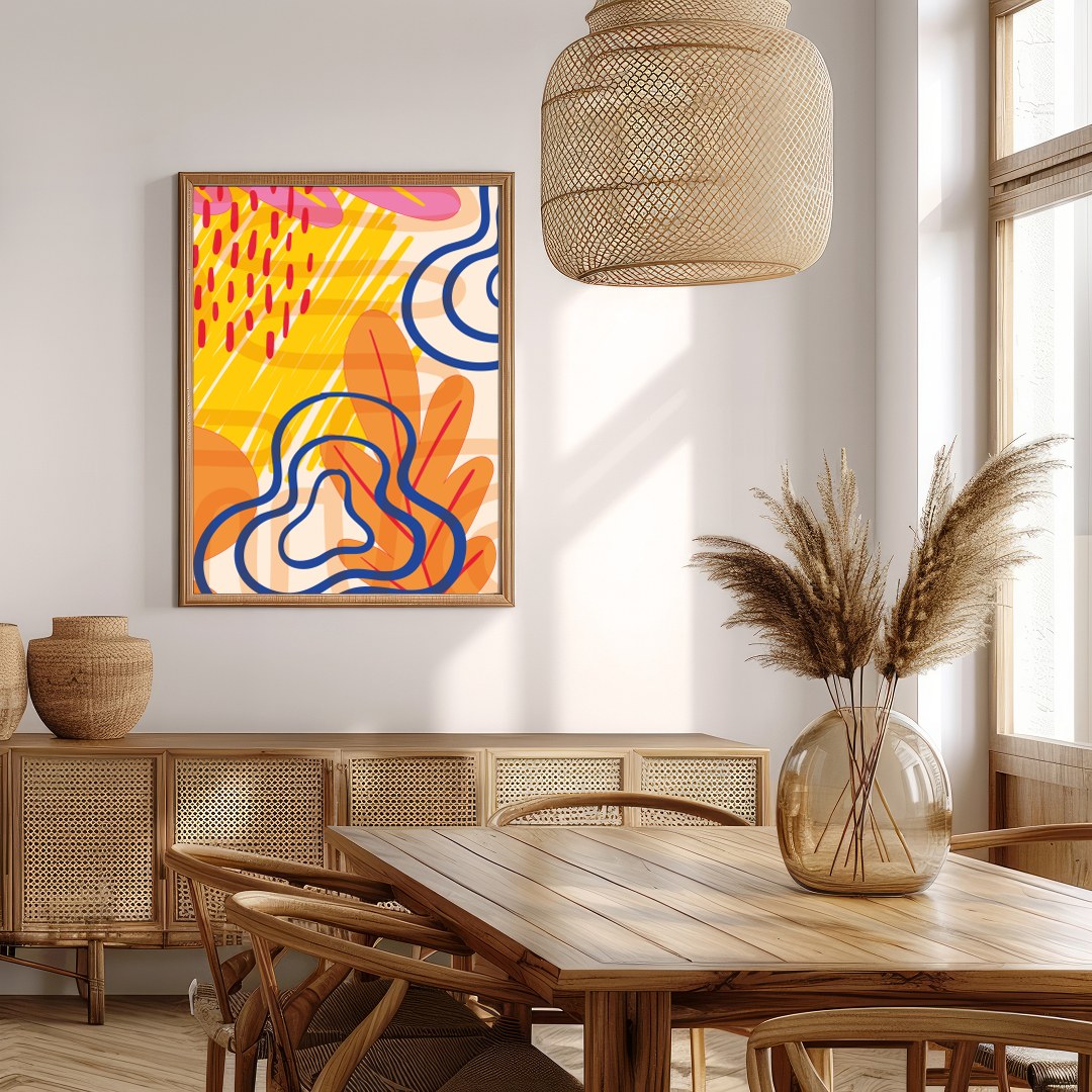 Immerse yourself in an energetic dance of bold colors and captivating shapes with this abstract for Extra Kitchen