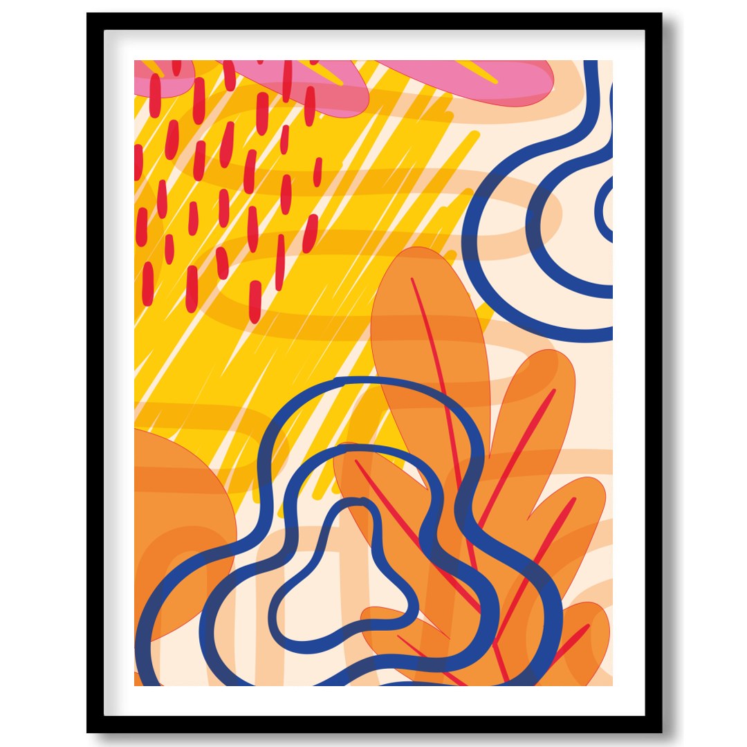 Immerse yourself in an energetic dance of bold colors and captivating shapes with this abstract for home