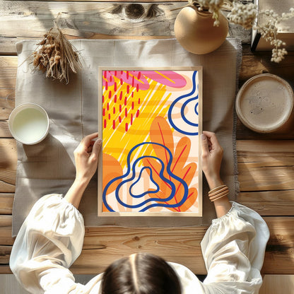 Immerse yourself in an energetic dance of bold colors and captivating shapes with this abstract for Kitchen
