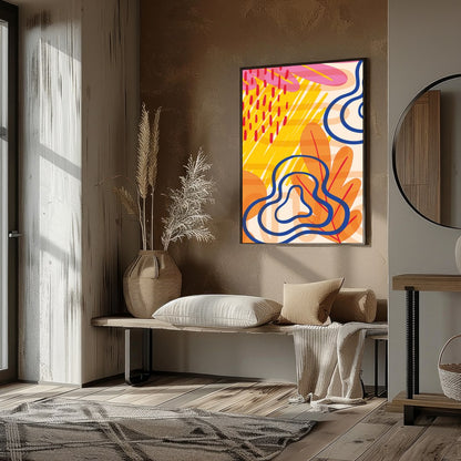 Immerse yourself in an energetic dance of bold colors and captivating shapes with this abstract for room
