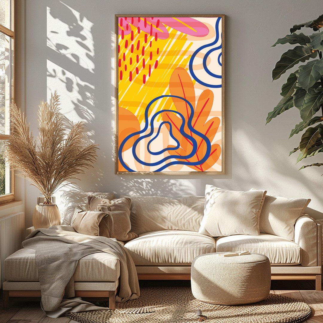 Immerse yourself in an energetic dance of bold colors and captivating shapes with this abstract for Sitting Area