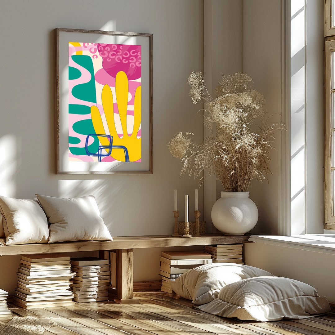 Delight in the dynamic energy of this bold abstract piece, where vivid shapes and colors converge for lovely-house