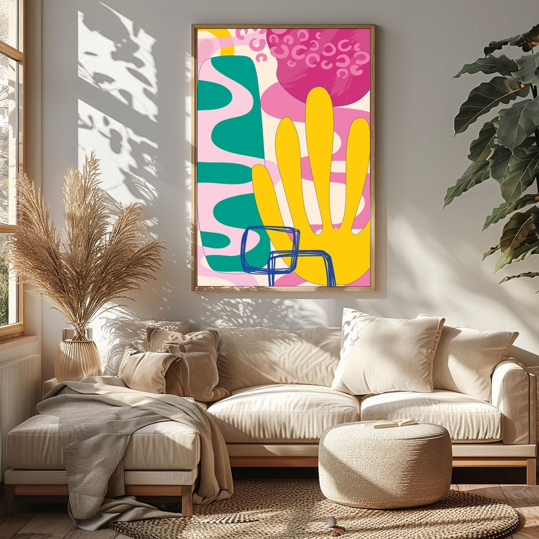 Delight in the dynamic energy of this bold abstract piece, where vivid shapes and colors converge for Sitting Area