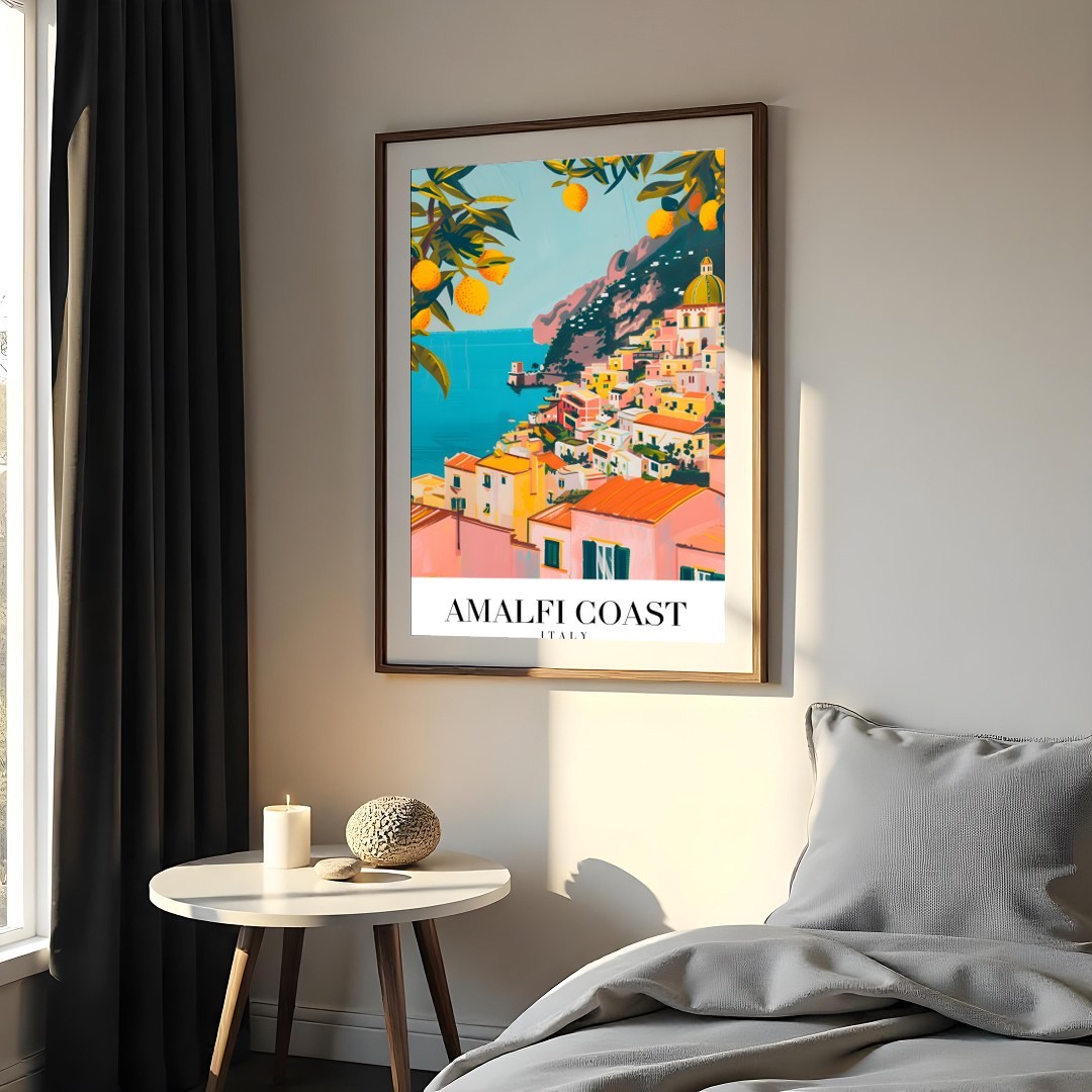 Experience the captivating allure of the Amalfi Coast with this stunning wall art, featuring a for Bedroom