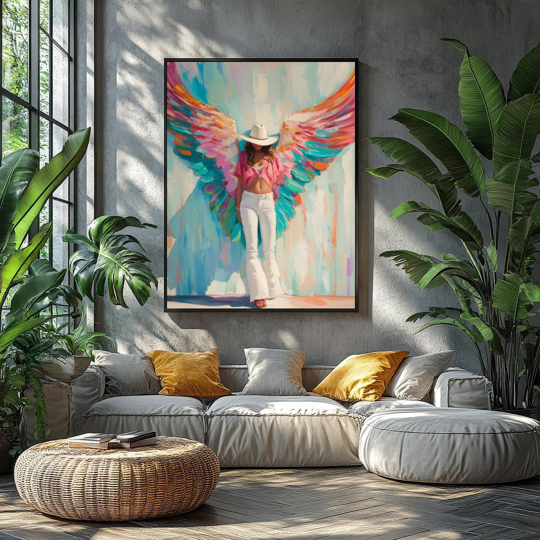 This captivating artwork exudes a blend of ethereal beauty and modern flair. The bold, vivid wings for Balcony