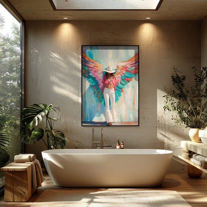 This captivating artwork exudes a blend of ethereal beauty and modern flair. The bold, vivid wings for Bathroom