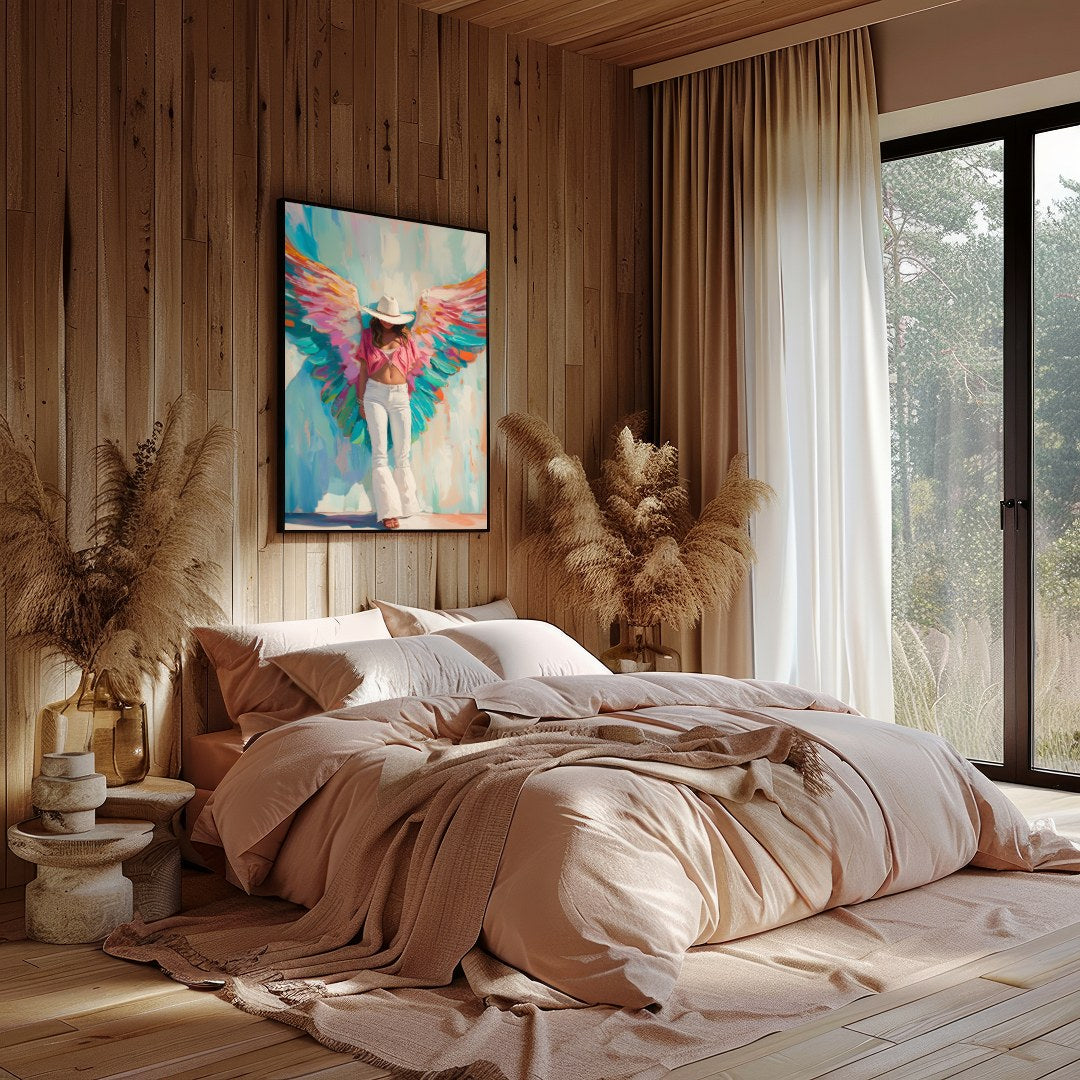 This captivating artwork exudes a blend of ethereal beauty and modern flair. The bold, vivid wings for Bedroom