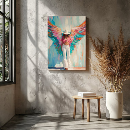 This captivating artwork exudes a blend of ethereal beauty and modern flair. The bold, vivid wings for Entrance