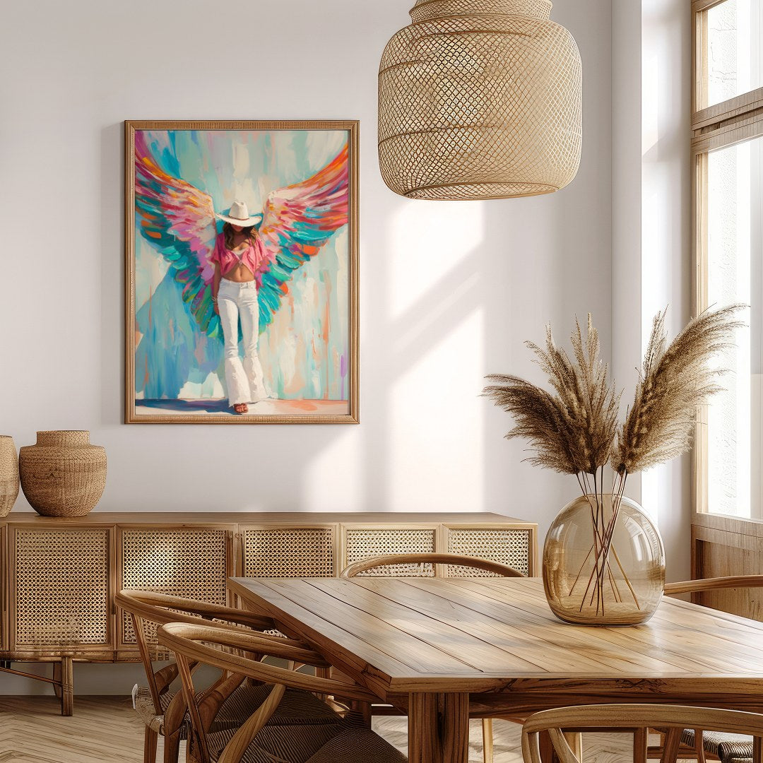 This captivating artwork exudes a blend of ethereal beauty and modern flair. The bold, vivid wings for Extra Kitchen