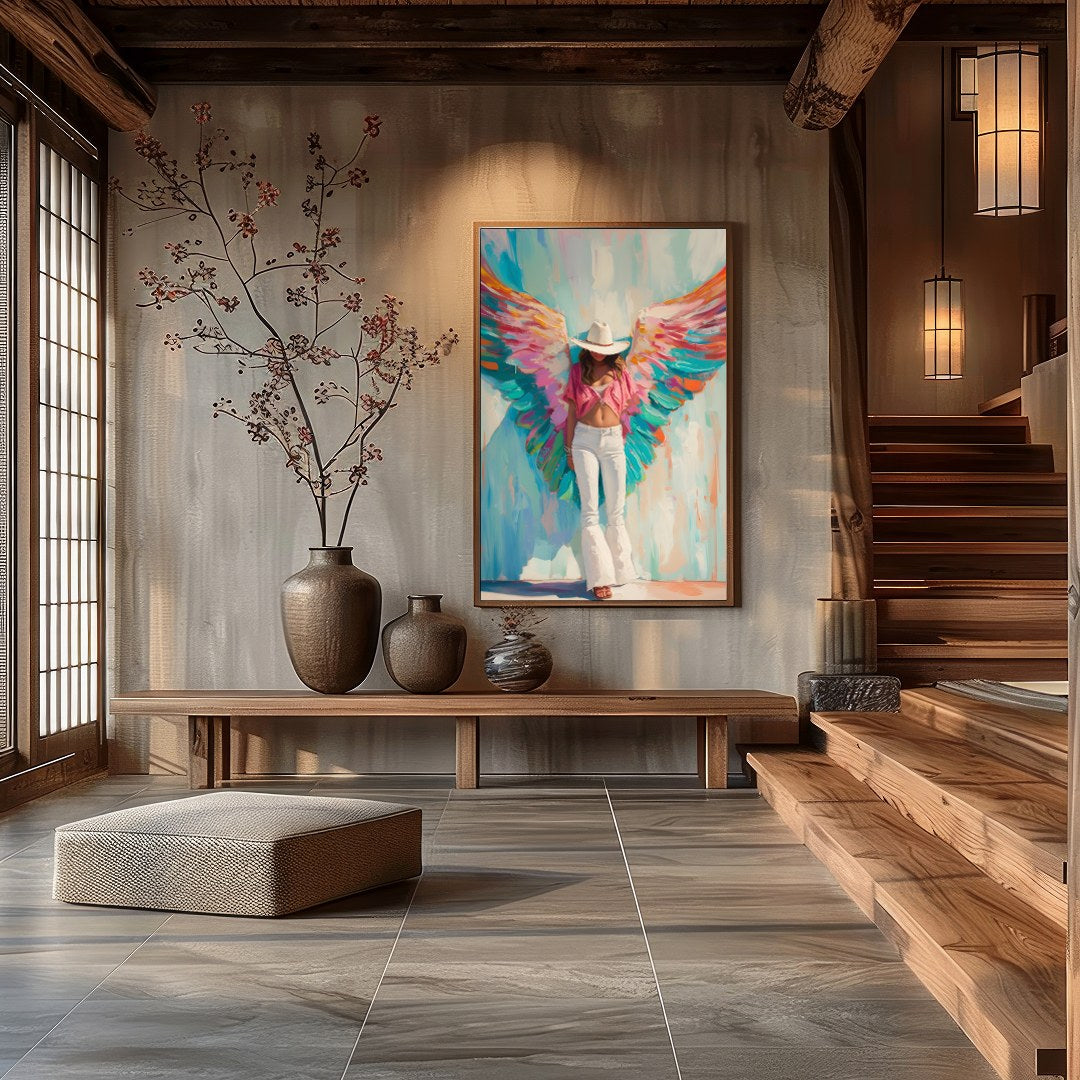 This captivating artwork exudes a blend of ethereal beauty and modern flair. The bold, vivid wings for Hall