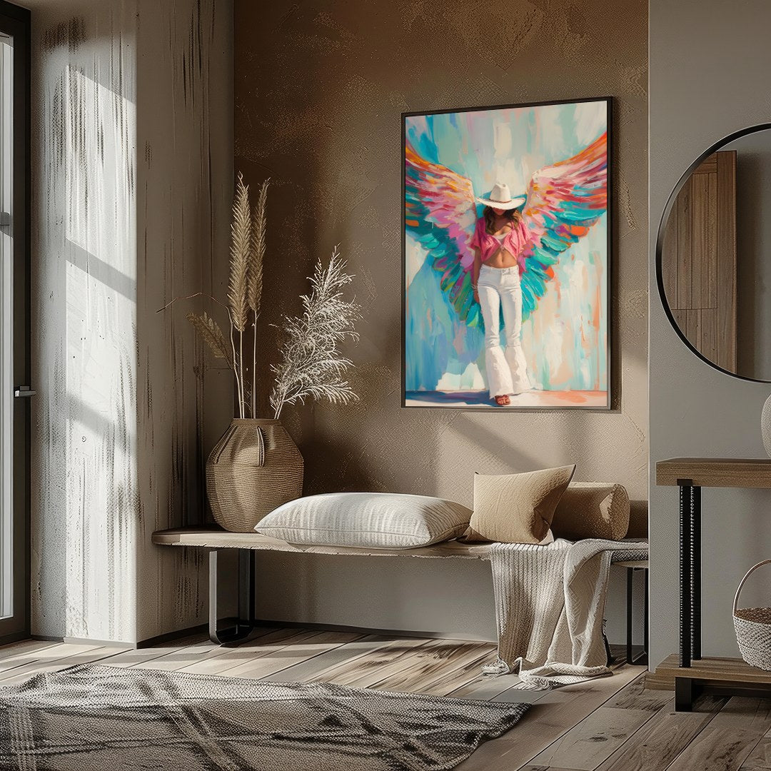 This captivating artwork exudes a blend of ethereal beauty and modern flair. The bold, vivid wings for residence